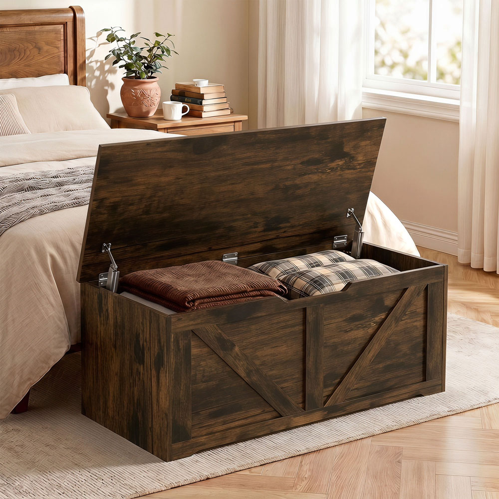 HOMCOM 127L Rustic Brown Storage Trunk with Safety Hinges Image 2