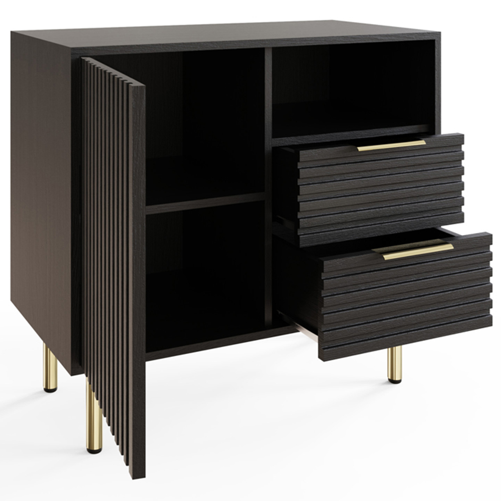 GFW Nervata Single Door 2 Drawer Single Shelf Black and Gold Ribbed Compact Sideboard Image 5