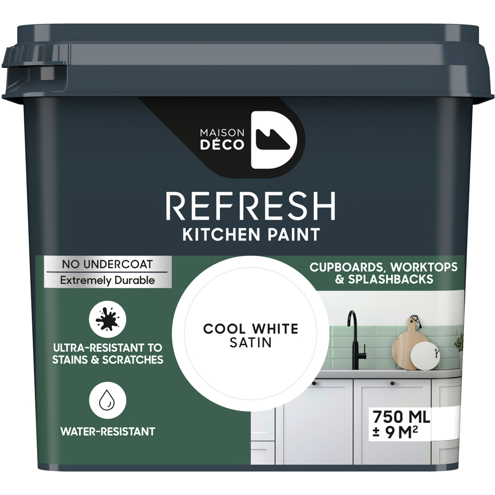 Maison Deco Refresh Kitchen Cupboards and Surfaces Cool White Satin Paint 750ml Image 2