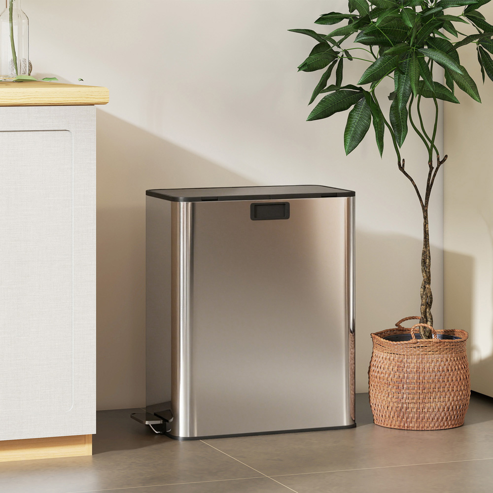 HOMCOM Double Silver Pedal Bin with Removable Inner Bucket and Soft-Close Lid 56L Image 3