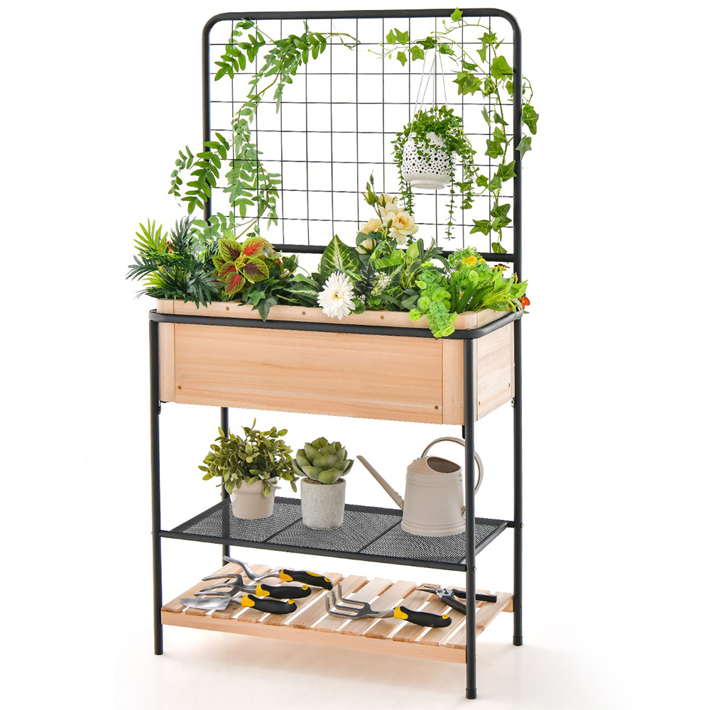 Costway 2 Tier Natural Trellis Raised Garden Bed with Storage Shelves Image 3