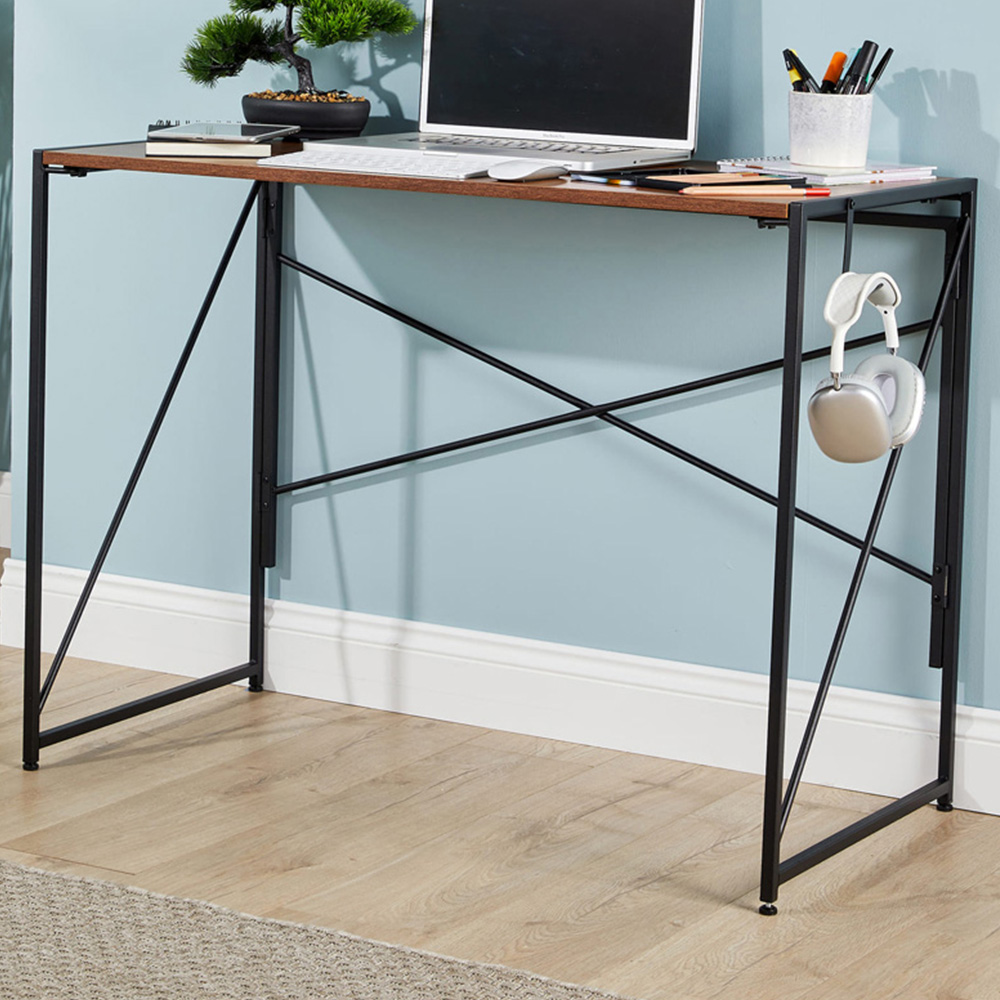 Home Source Brampton Folding Compact Desk with Hook Dark Oak Image 1