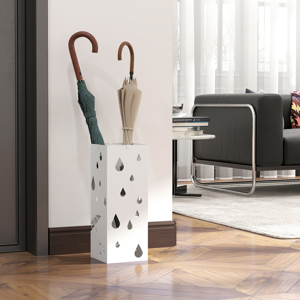 HOMCOM White Metal Square Umbrella Stand with 4 Hooks Drip Tray Image 7