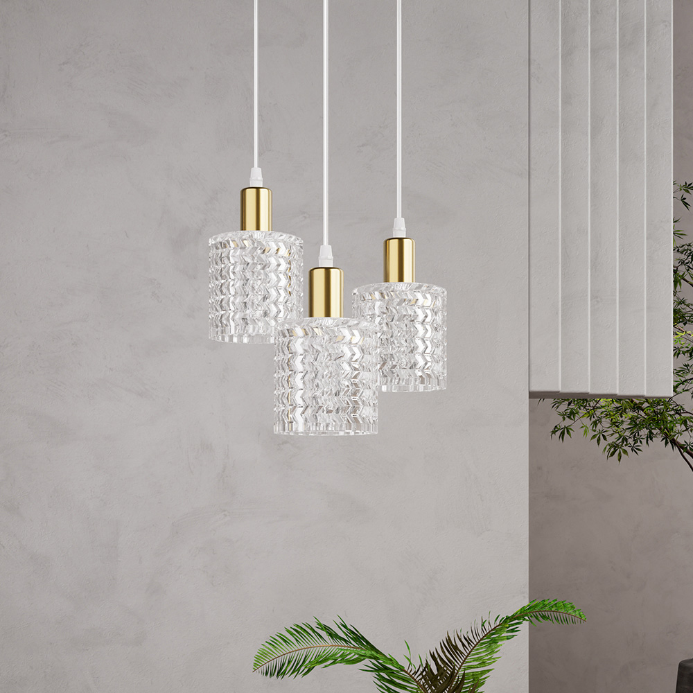 Living and Home 3 Light Gold Clear Glass Shade E27 Pendant Light Image 2