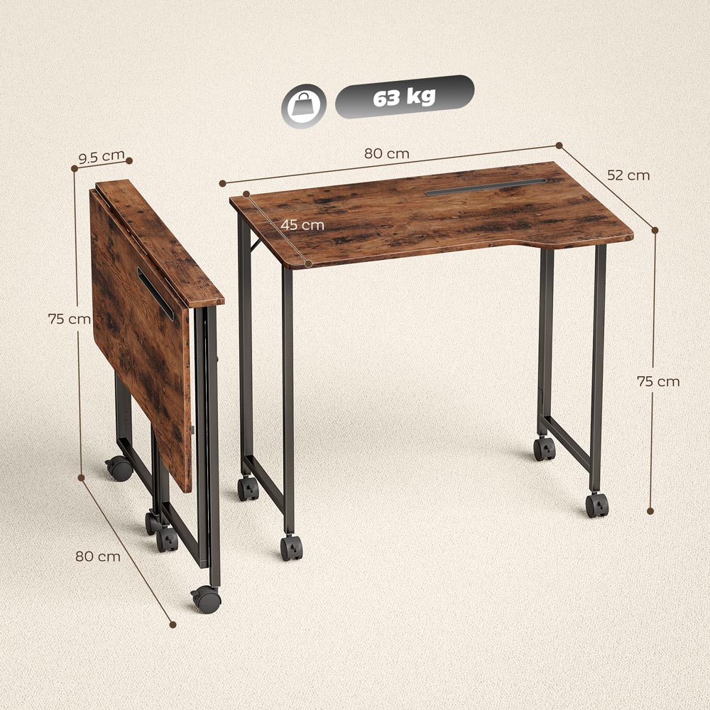 Portland Foldable Small Writing Desk with Wheels Rustic Brown Image 9
