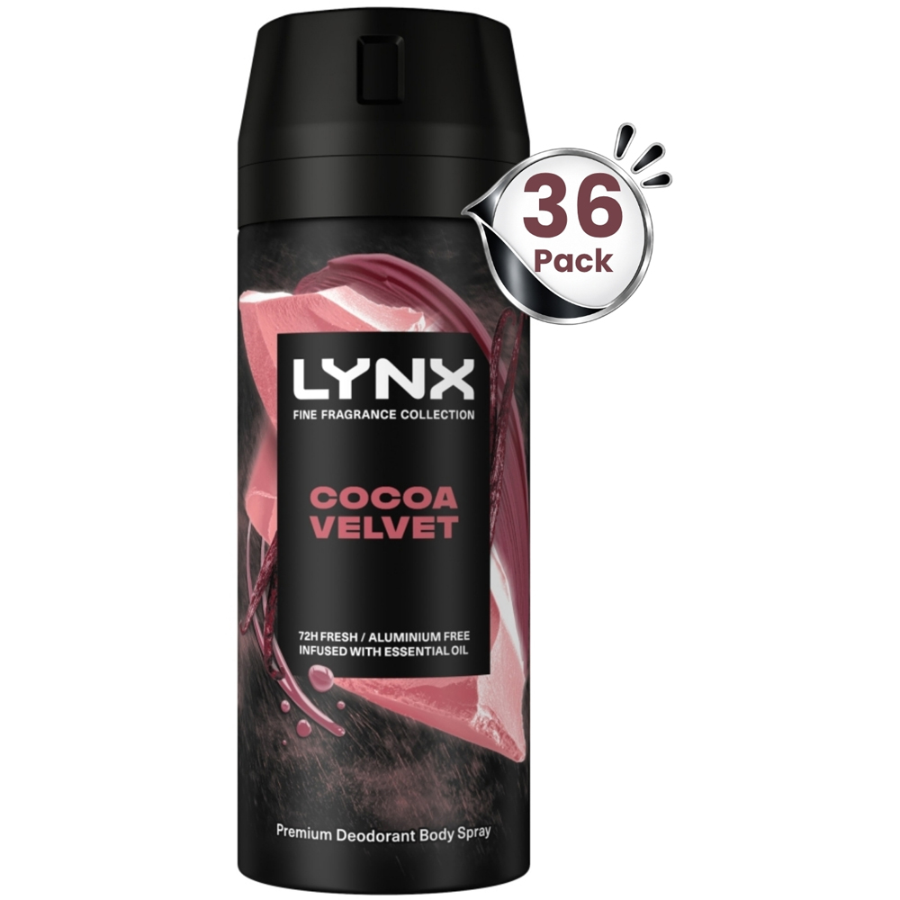 Lynx Fine Fragrance Men's Cocoa Velvet 72H Freshness Deodorant Body Spray 150ml 36 Pack Image 1