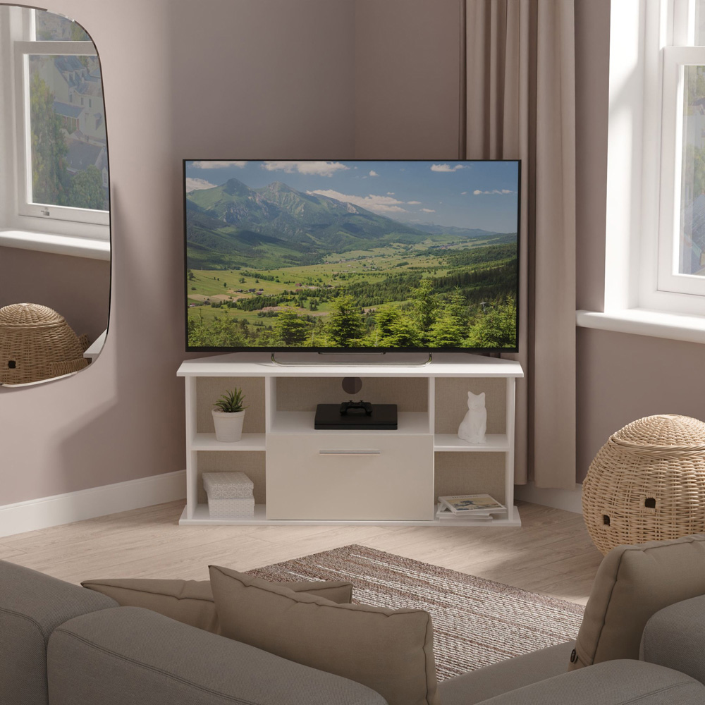 Crowndale Contrast Single Drawer 5 Shelf Grey Matt and White Corner TV Unit Ready Assembled Image 7
