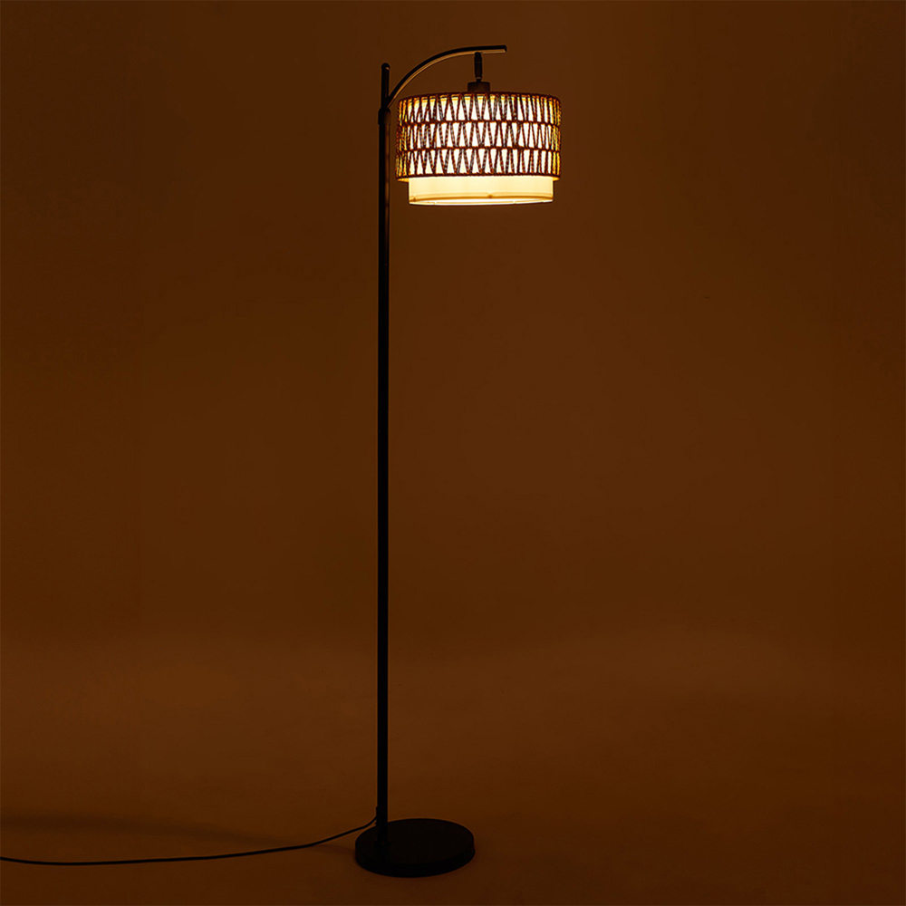 Living and Home Black and Natural Rattan Paper Rope Fabric Shade Adjustable E27 Floor Lamp Image 7