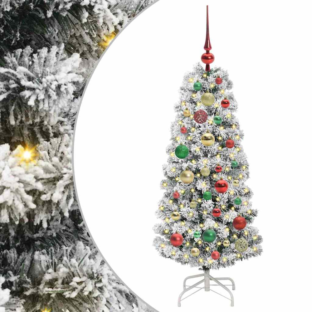 vidaXL Pre-Lit Warm White LED and Multicolour Baubles Snow Flocked Artificial Christmas Tree 4ft Image 2