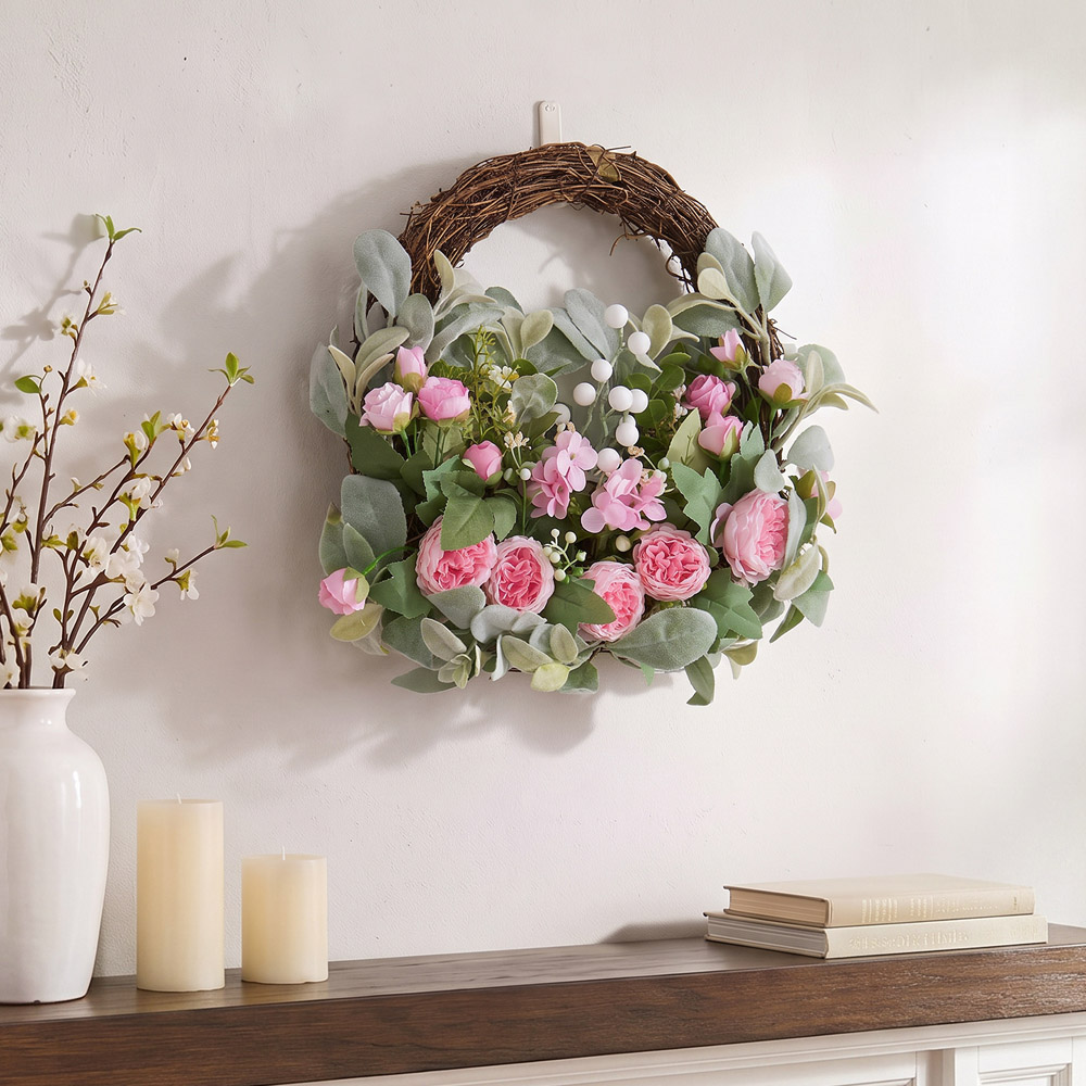 Living and Home Artificial Pink Peony Door Wreath 40cm Image 2