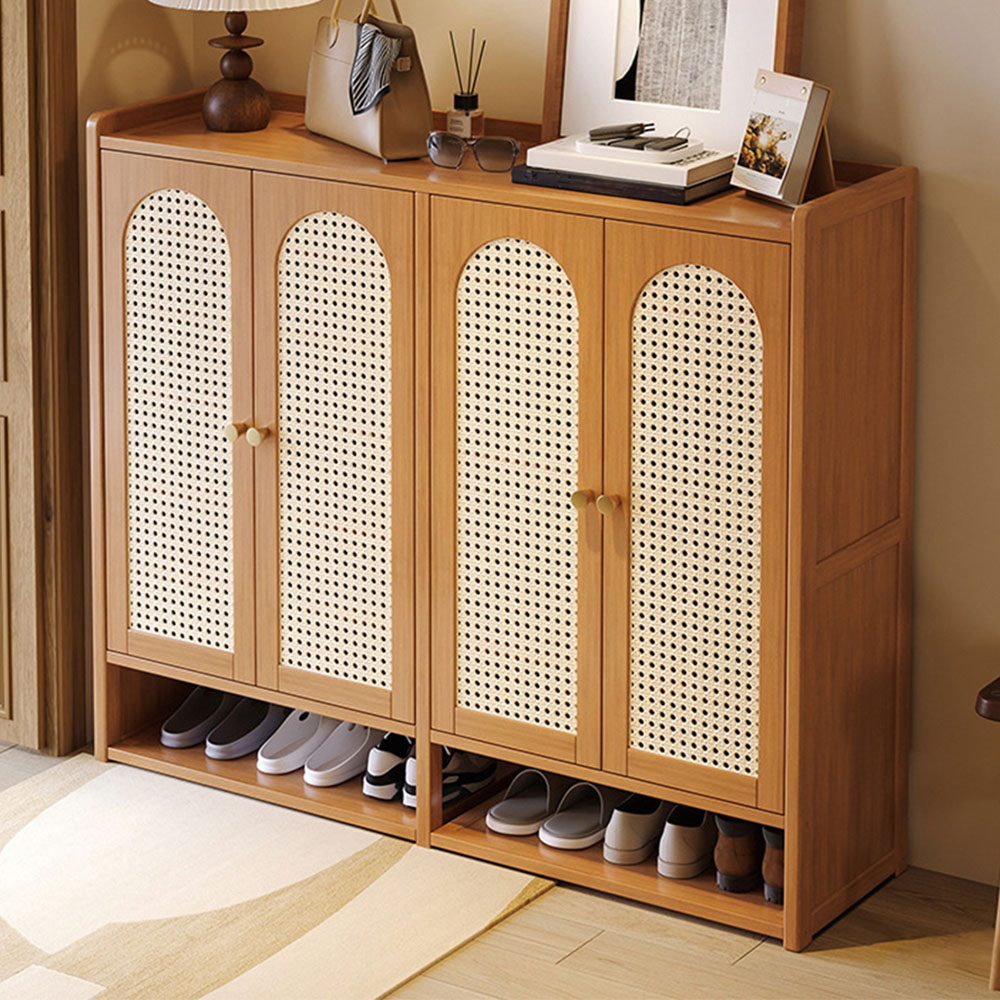 Living and Home 4 Door Single Open Shelf Brown Rattan Tall Shoe Cabinet Image 1