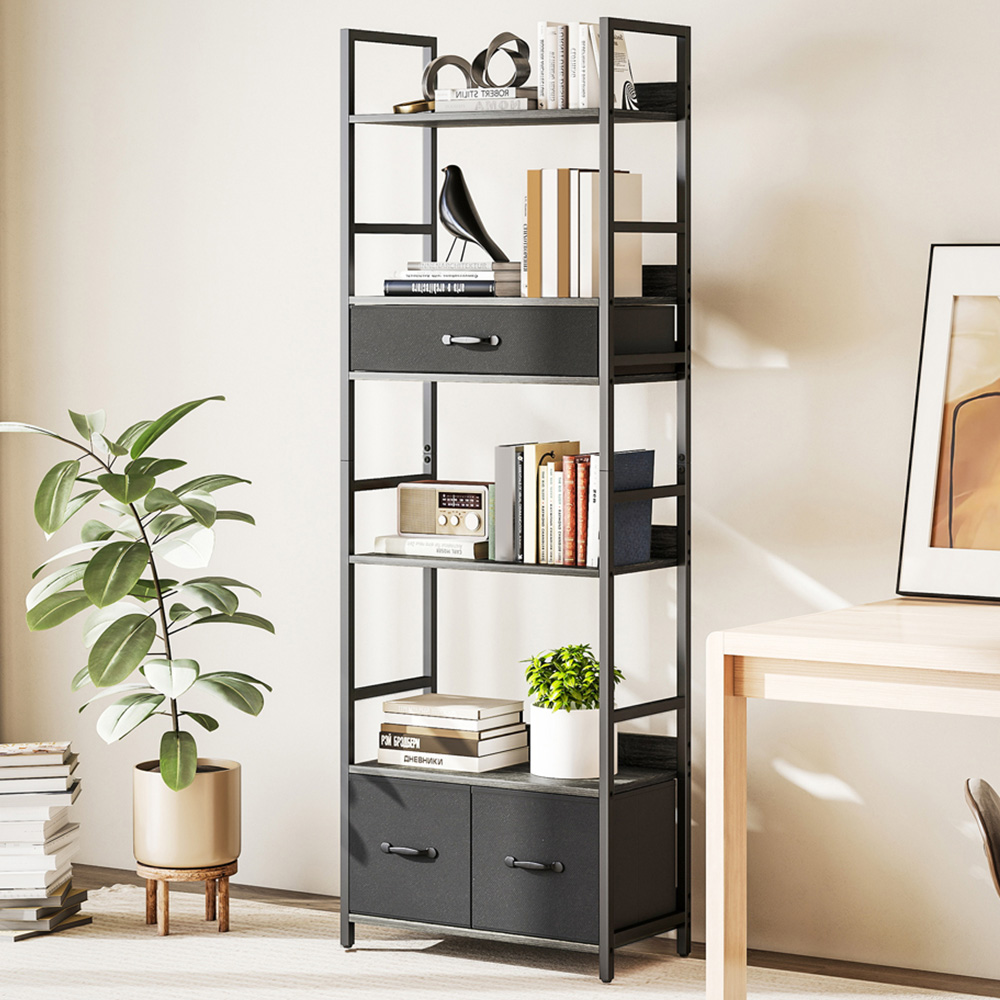 Portland 3 Fabric Drawer and 4 Shelf Grey Industrial Bookcase  Image 1