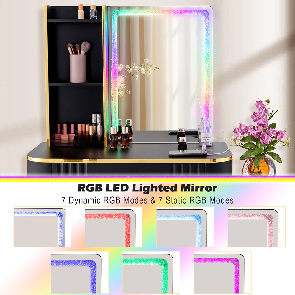Costway 4 Drawer Black Vanity Dressing Table Set with RGB LED Mirror Image 5