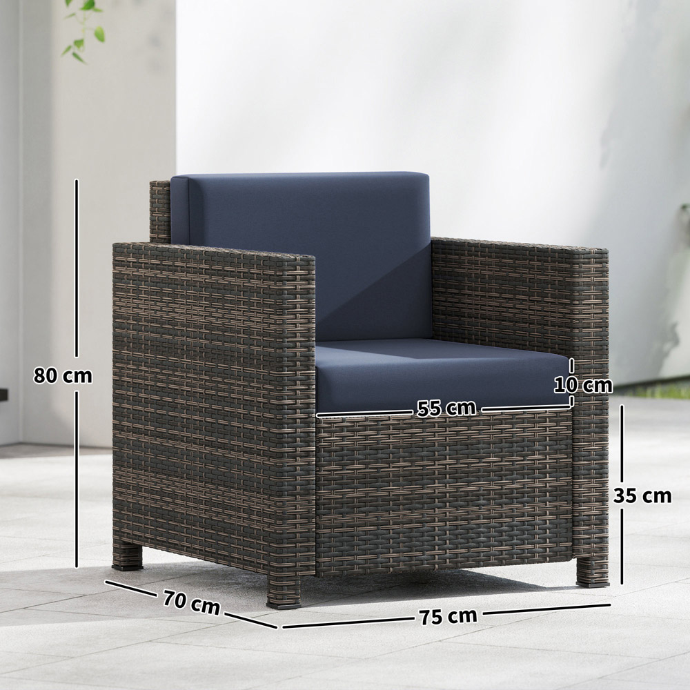 Outsunny Rattan Brown and Blue Cushioned Garden Armchair Image 9