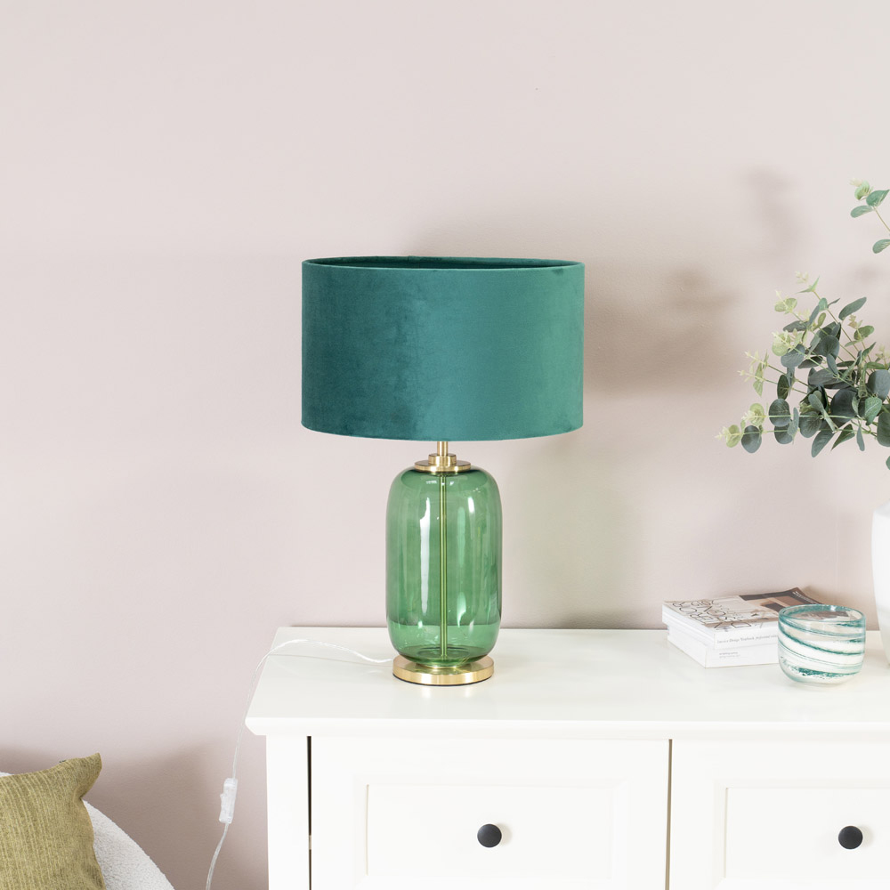 ValueLights Leigh Reni Green Velvet Shade Forest Green Glass LED Table Lamp Image 3