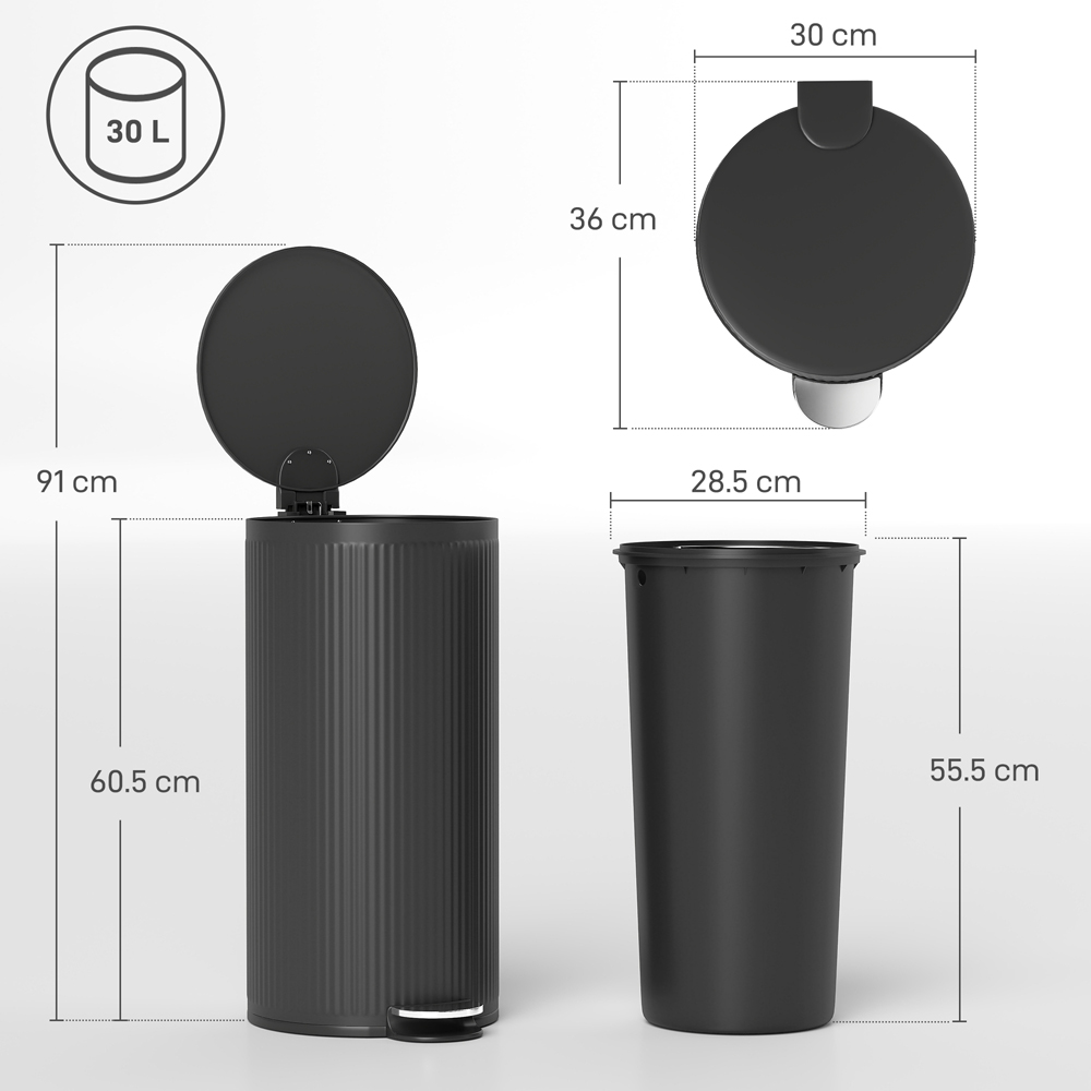 HOMCOM Black Round Pedal Bin with Removable Inner Bucket and Soft-Close Lid 30L Image 9