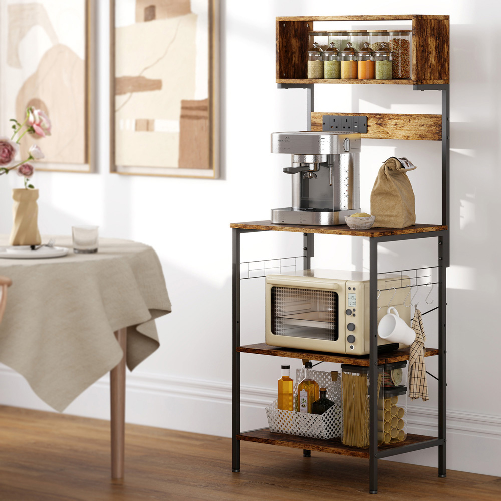 Portland 4 Shelf Brown Bakers Rack with Power Outlet Image 4
