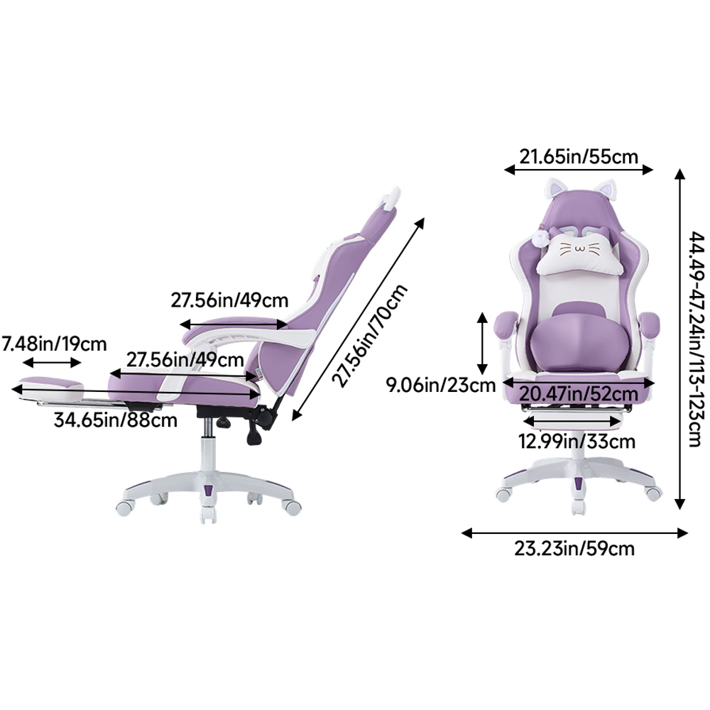 Living and Home White and Purple Cat Ear Design Gaming Chair with Massage Lumbar Pillow Image 9