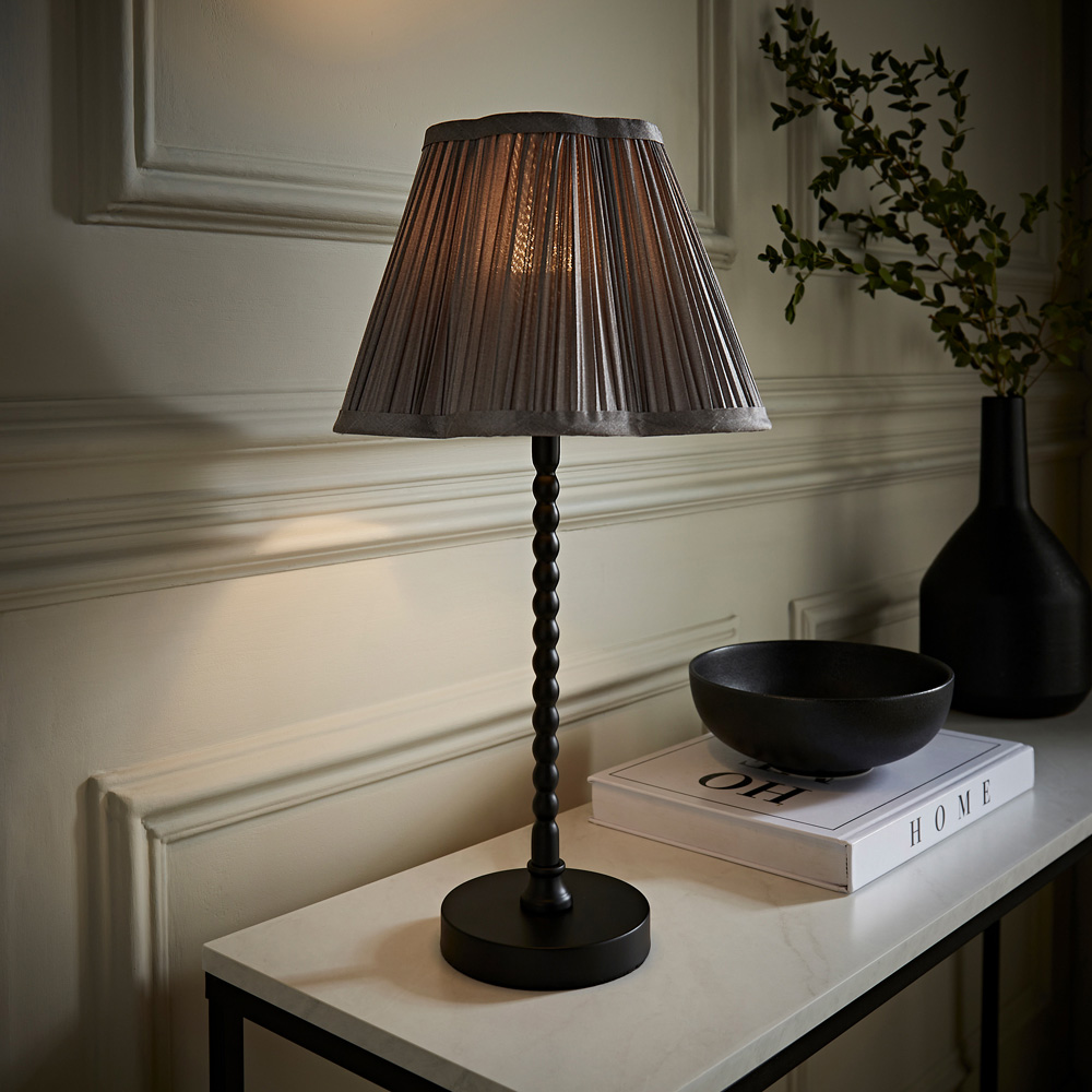ValueLights Maeve Dark Grey Pleated Faux Silk Scallop Shade Black Bobbin LED Table Lamp Image 2