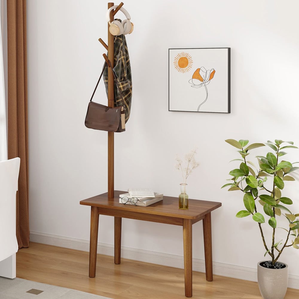 Costway 2 in 1 Coffee Solid Wood Coat Tree with Side Table Image 2