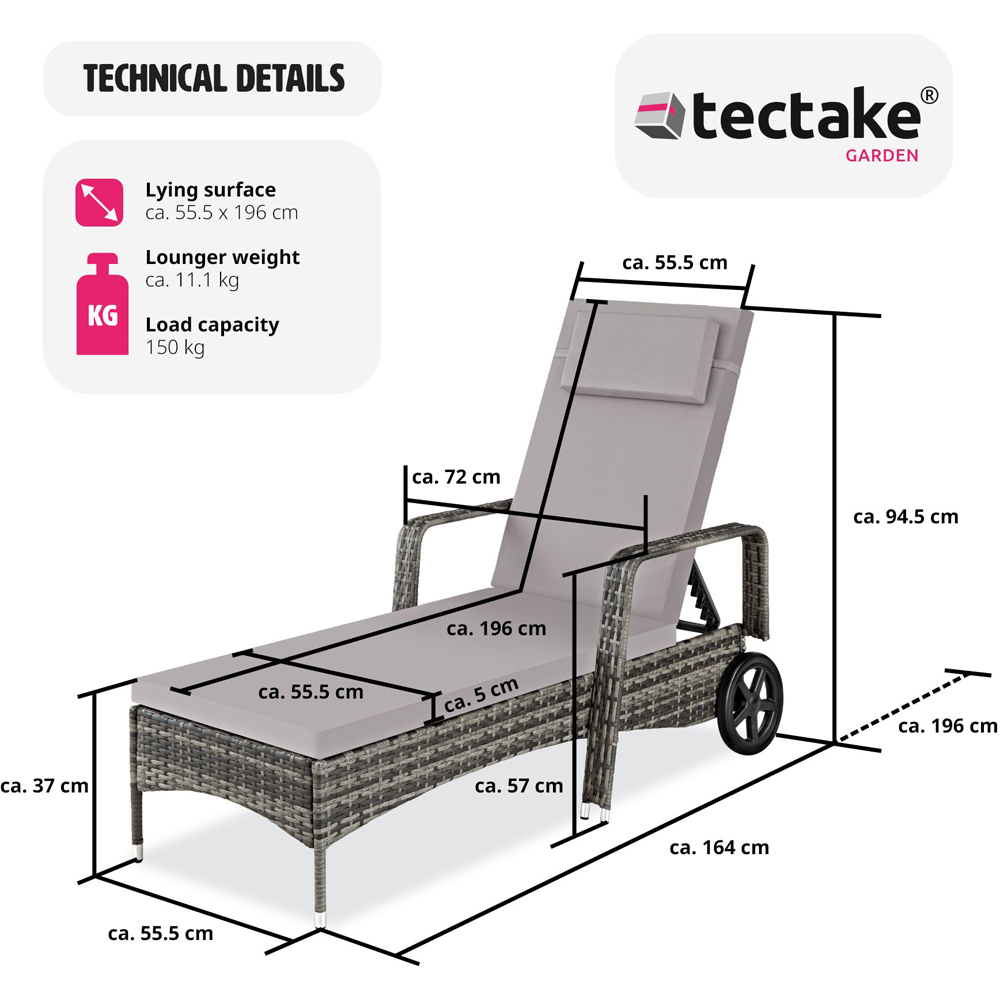 tectake Cassis Grey 6 Level Adjustable Sun Lounger with Removable Headrest and Wheels Image 8