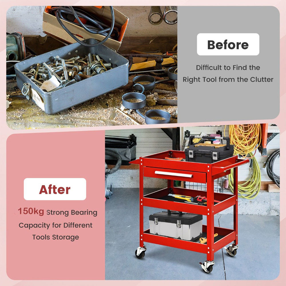Costway 3 Shelf Single Drawer Red Tool Trolley Image 7