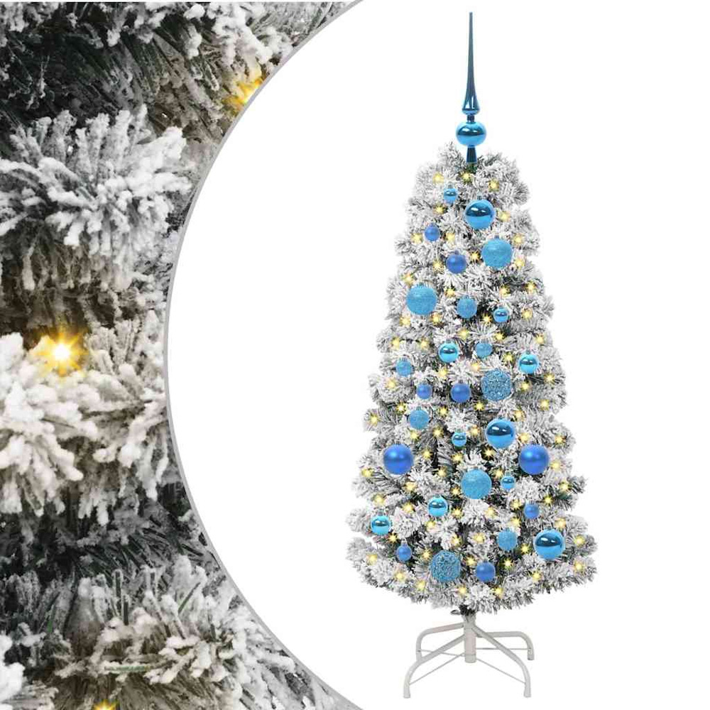 vidaXL Pre-Lit Warm White LED and Blue Baubles Snow Flocked Artificial Christmas Tree 4ft Image 2
