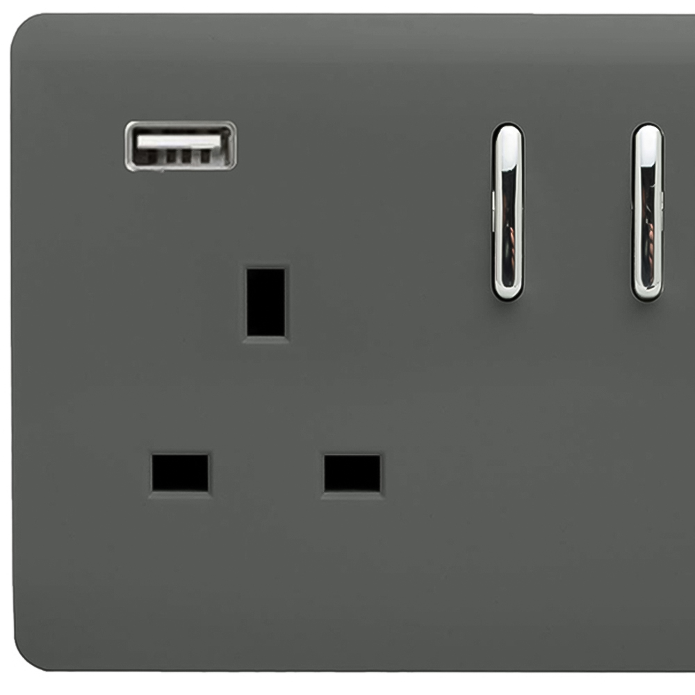 Trendi Switch 2 Gang 13amp 2 Port USB Charcoal Grey Switched Plug Socket Image 2