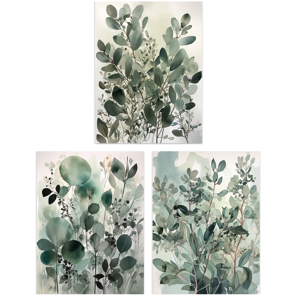 Artery8 Sage Green Botanical Plants Leaves Watercolour Wall Art Print 30 x 41cm 3 Pack Image 1