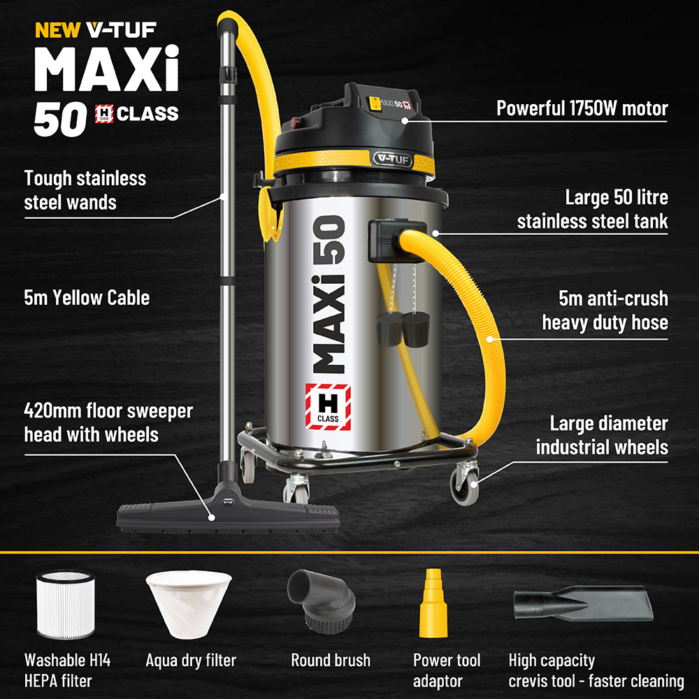 V-TUF MAXI H Class Industrial Dust Extractor Vacuum Cleaner 50L 240V 1750W Image 3