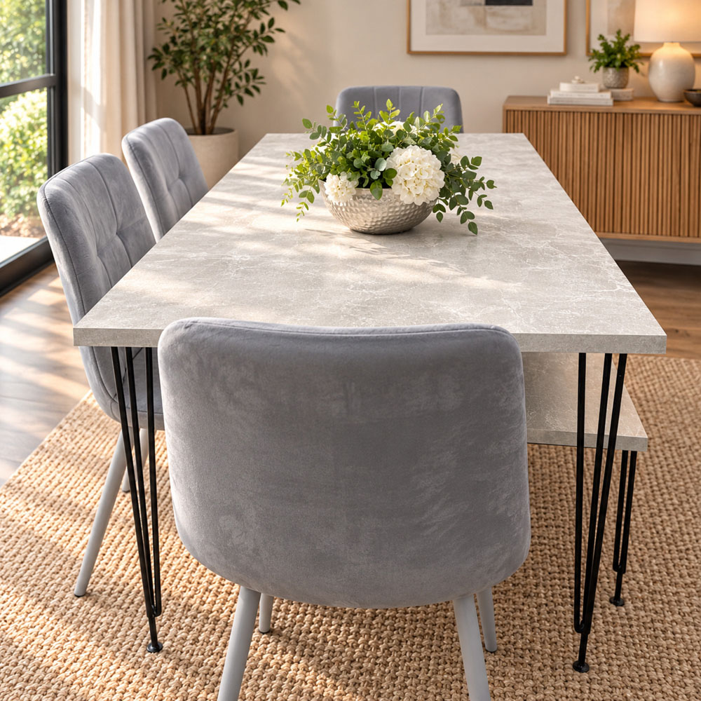 Kosy Koala 6 Seater Grey Velvet Dining Table Set Image 4