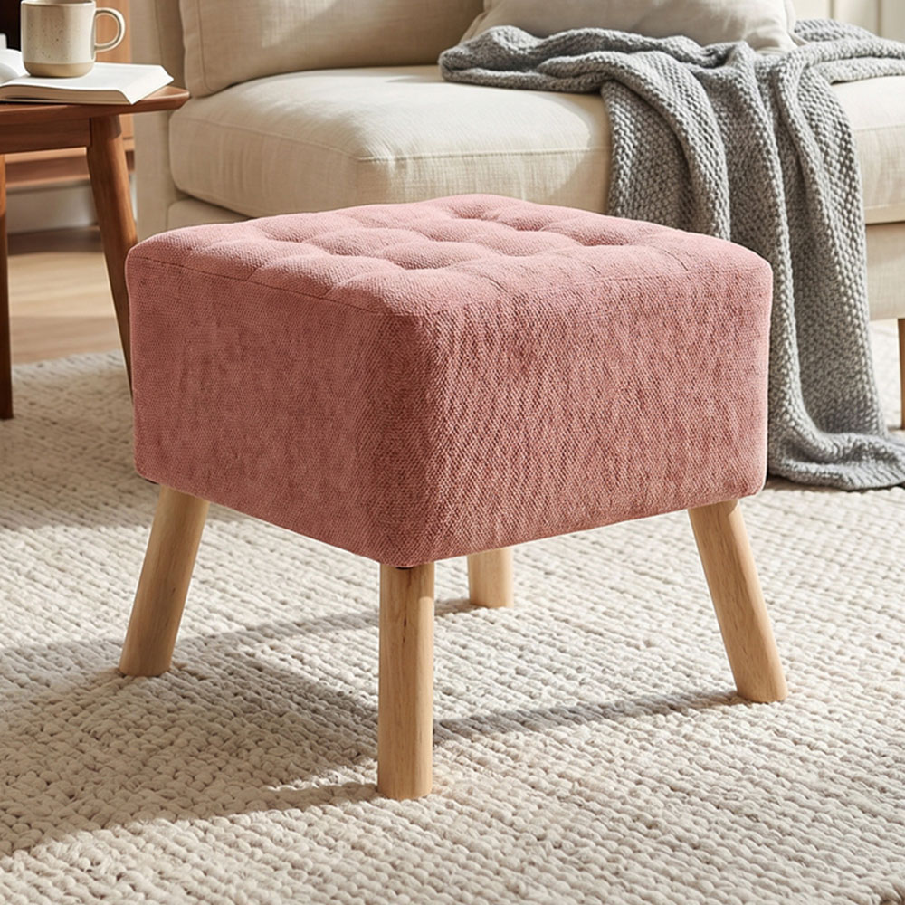 Living and Home Pink Chenille Button Tufted Square Footstool Image 1