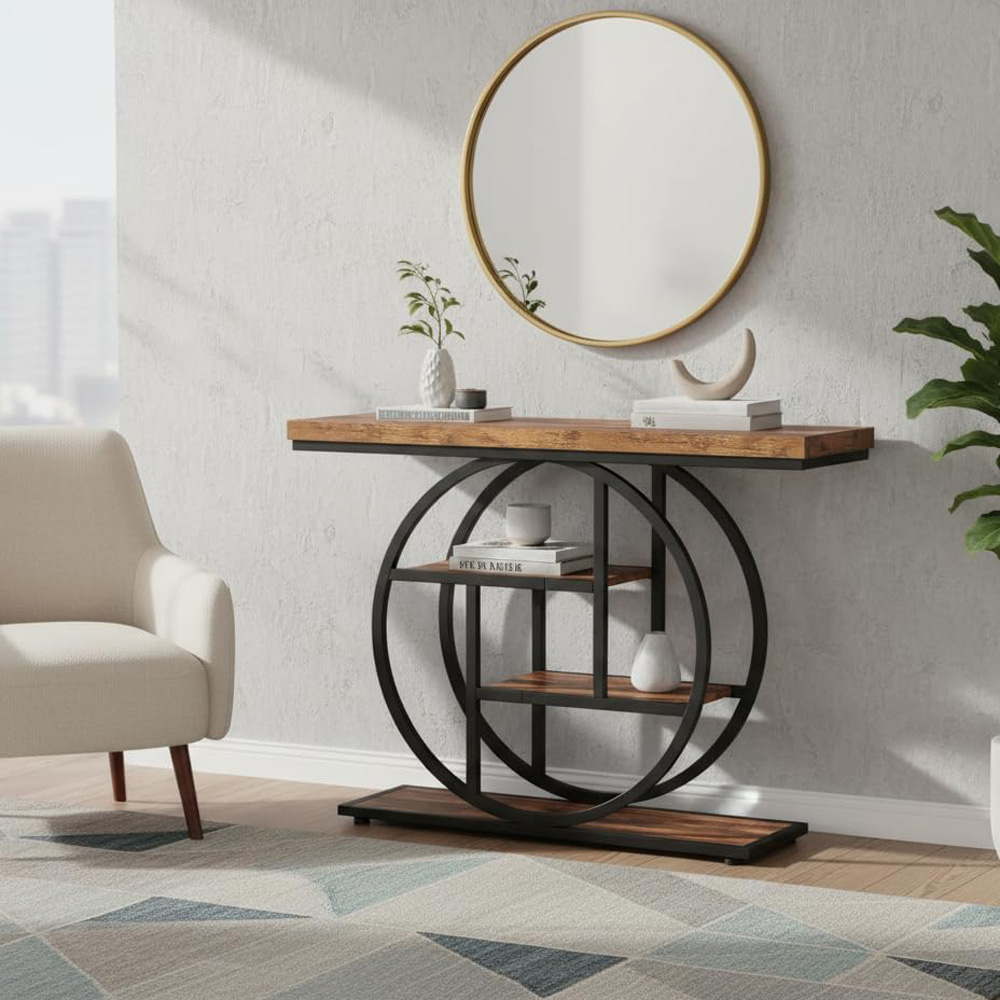 Alivio 3 Shelf Brown Rustic Wood Double Round Metal Frame Console Table Image 4