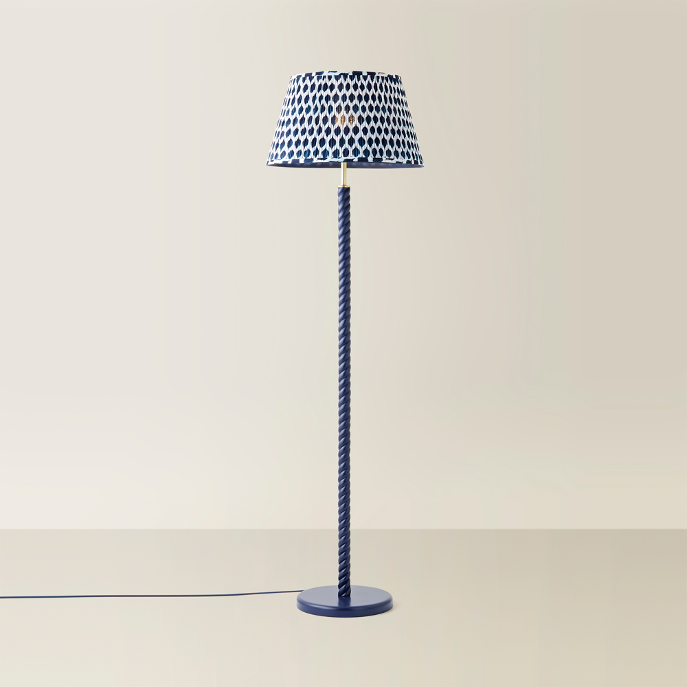 ValueLights Amara Blue Ikat Pleated Shade Navy Twist Floor Lamp with Bulb Image 3