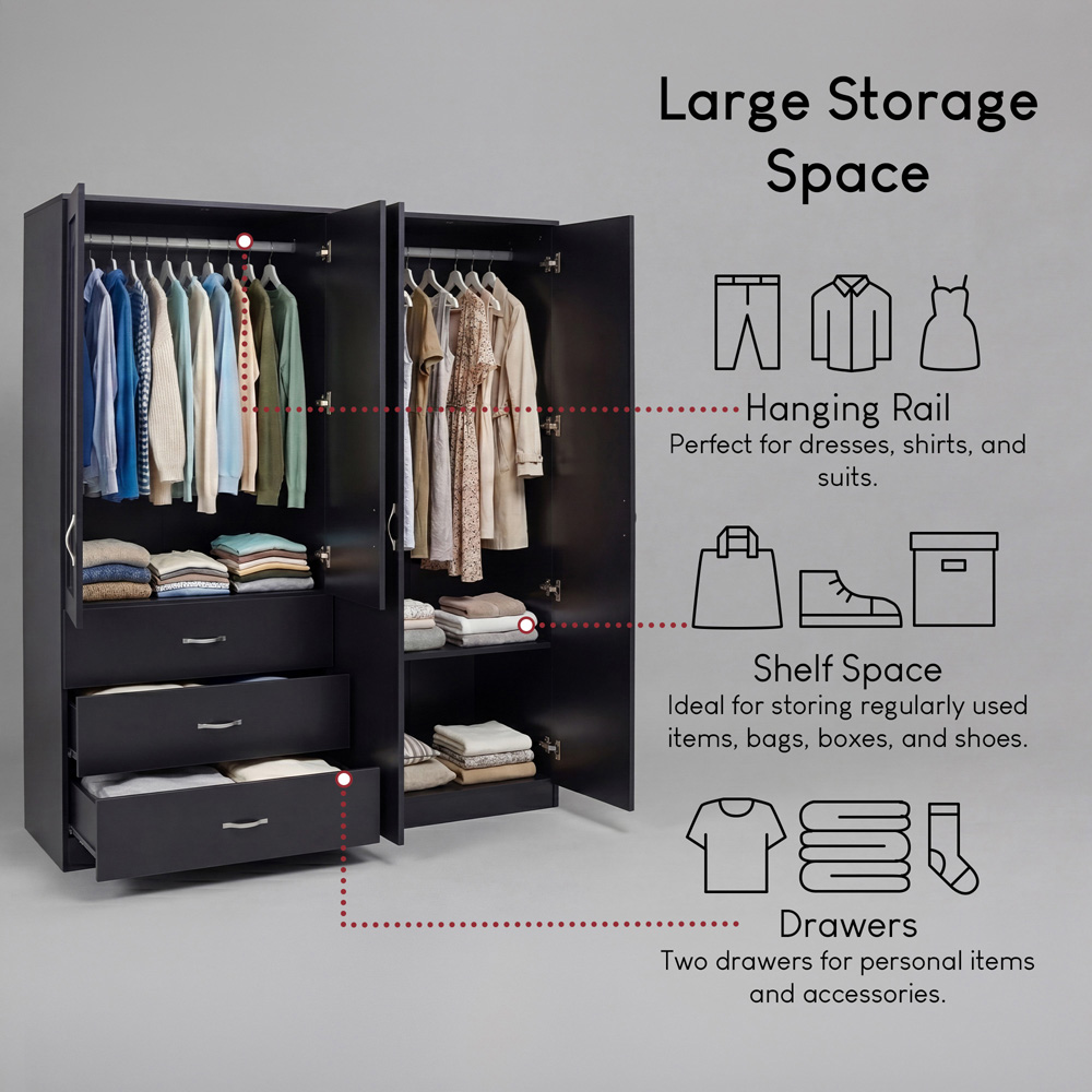 VIDA DESIGNS Riano 4 Door 3 Drawer Black Mirrored Wardrobe Image 5