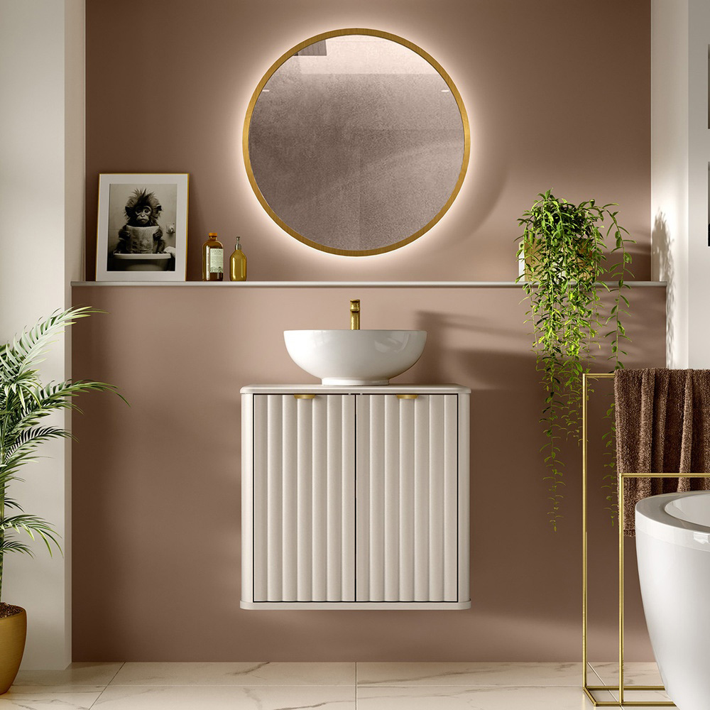 Impact Furniture Oren 2 Door Cashmere Beige Fluted Wall Hung Under Sink Vanity Unit with Basin 600mm Image 7