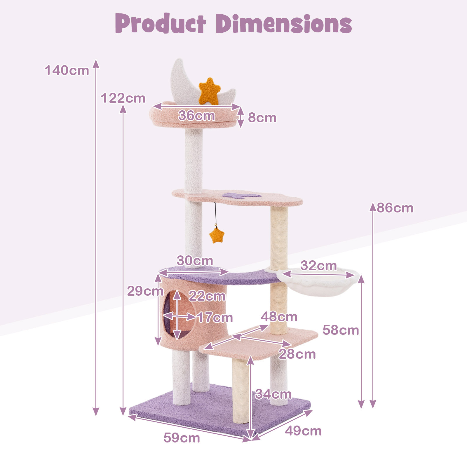 Costway Purple Multi Level Cat Tree with Sisal Covered Scratching Posts Image 9