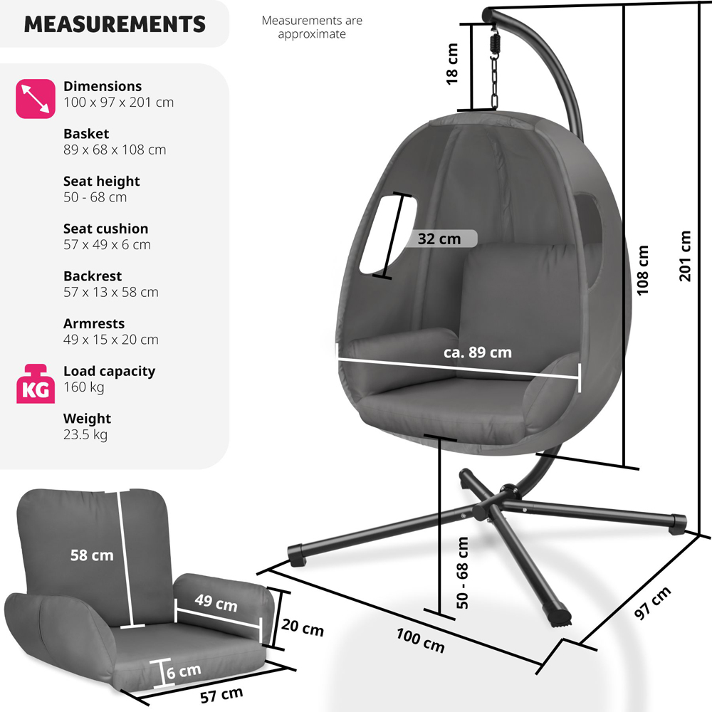 tectake Anika Anthracite Hanging Egg Chair with Extra Thick Seat Cushion Image 9
