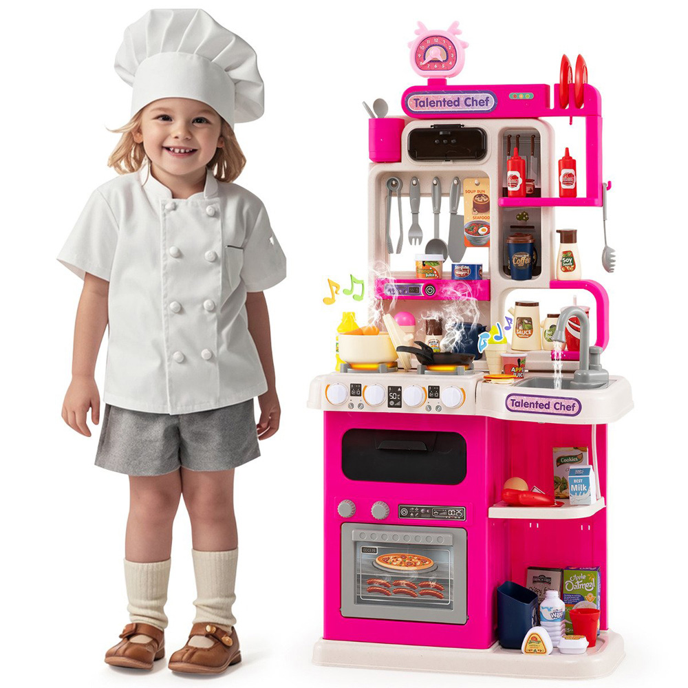 Costway Kids Pink Kitchen Play Set with Realistic Sounds and Lights Image 3