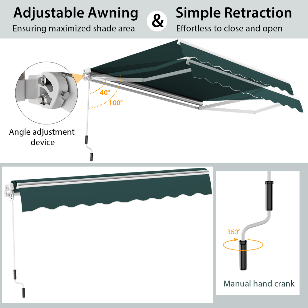 Costway Green Retractable Manual Patio Awning 3.6 x 3m Image 5