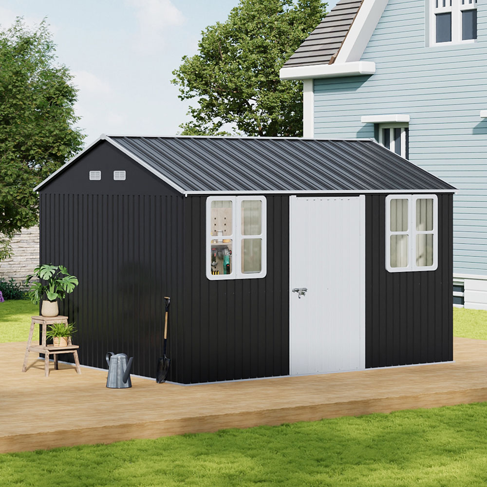 Living and Home 12 x 10ft Anthracite Metal Apex Garden Tool Storage Shed Image 2