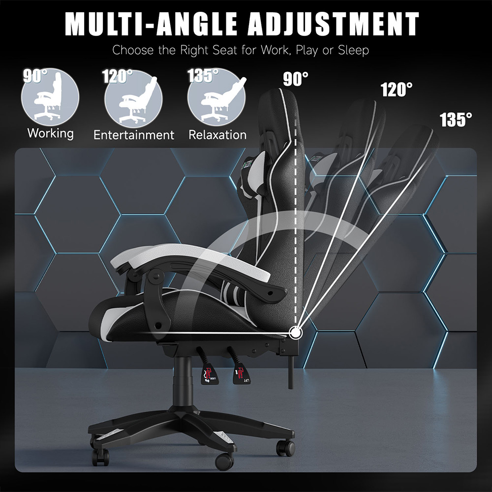 Rattrix White PU Leather High Back Reclining Gaming Chair with Headrest and Lumbar Support Image 6