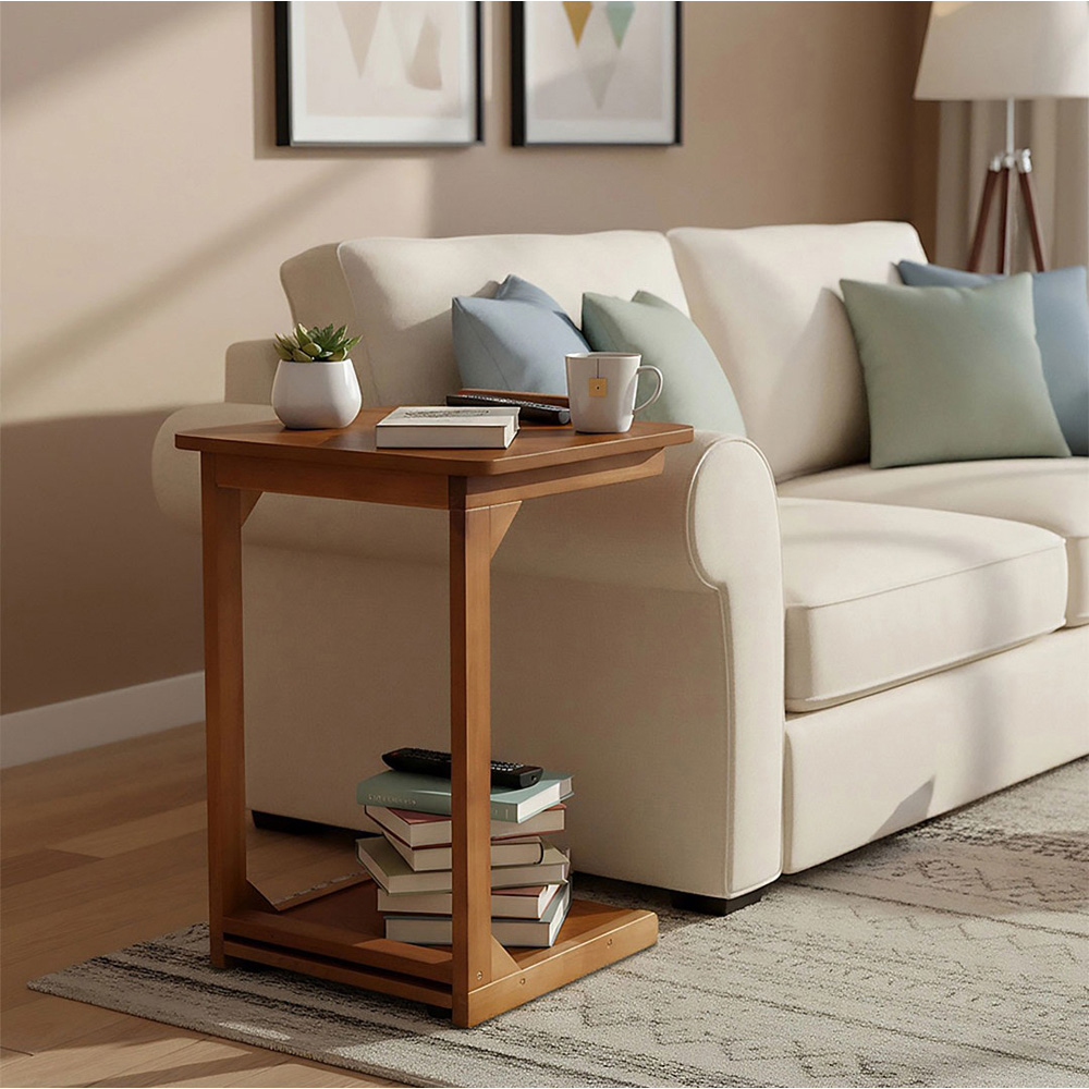 Living and Home Walnut C-Shaped Side Table with Flip-Top Storage and Wheels Image 9