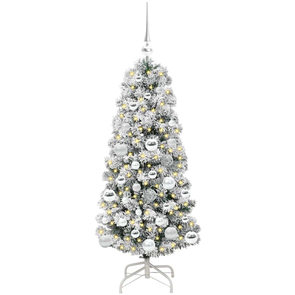 vidaXL Pre-Lit Warm White LED and Silver Baubles Snow Flocked Artificial Christmas Tree 4ft Image 1
