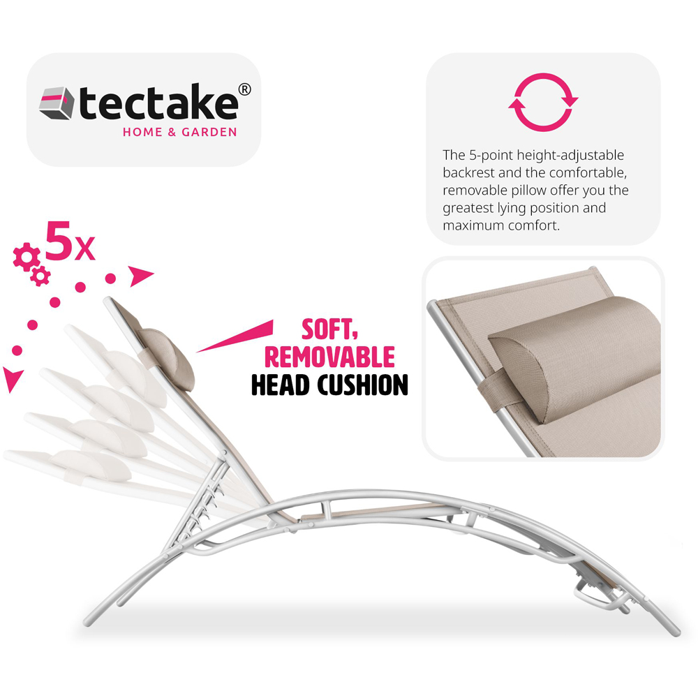 tectake Set of 2 Beige 5 Step Backrest Sun Lounger with Head Cushion Image 4