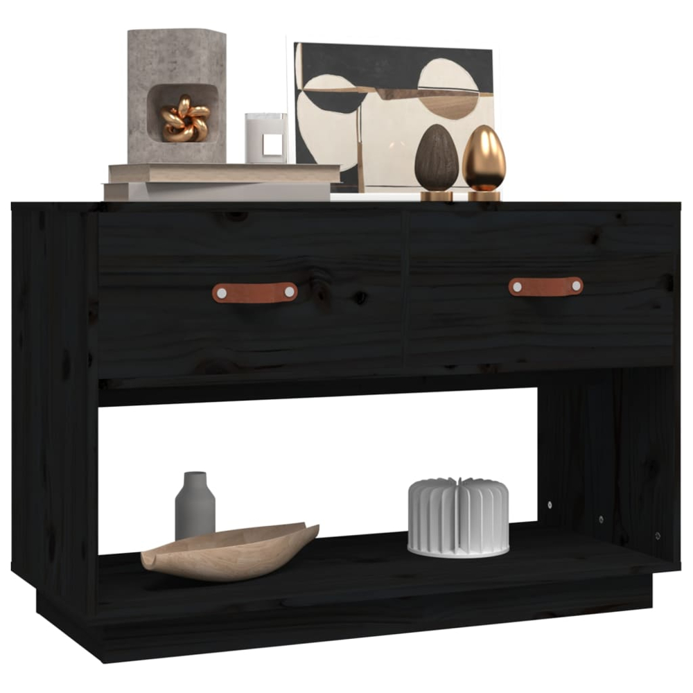 vidaXL 2 Drawer Single Shelf Black Solid Pine Wood TV Cabinet Image 4