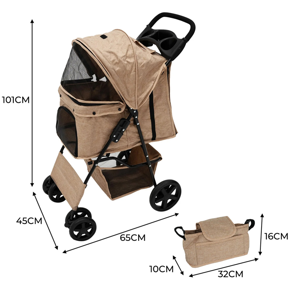 Monstershop Woven Beige Pet Stroller with Rain Cover and Caddy Bag Image 6