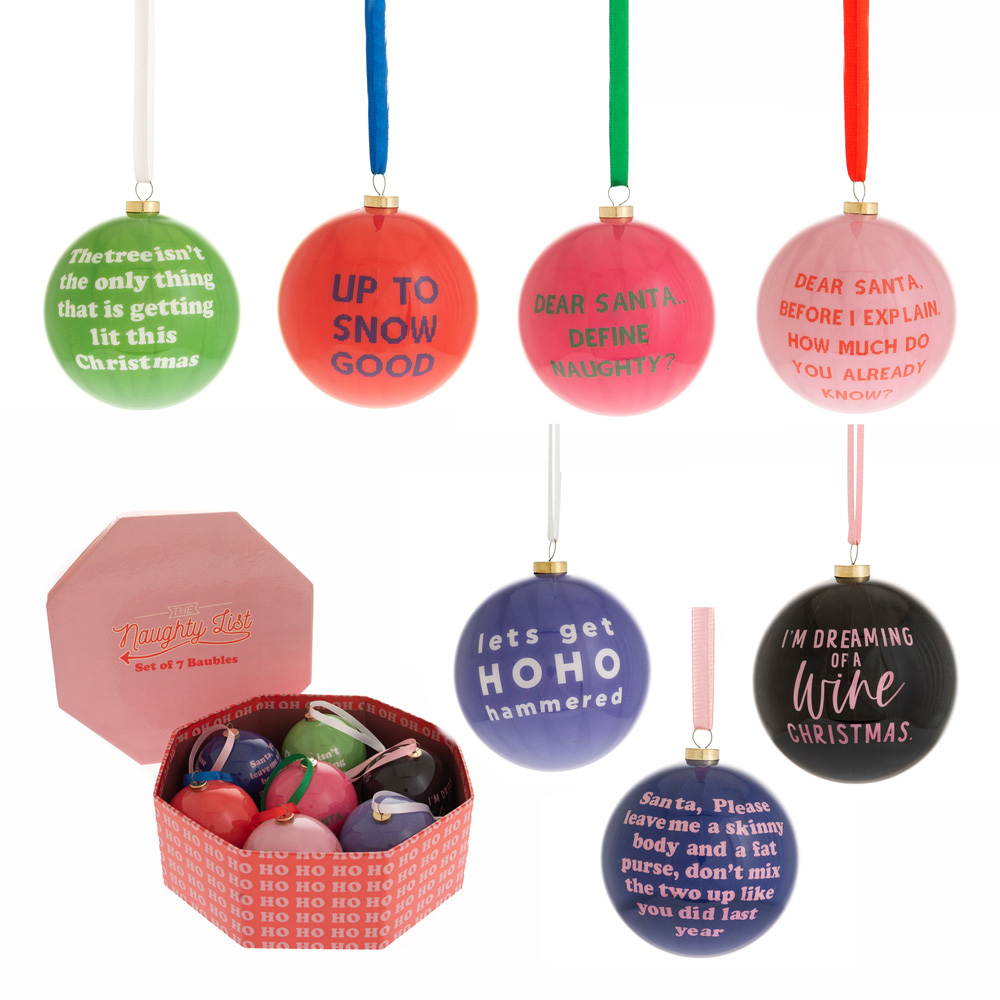 The Christmas Gift Co Naughty List Christmas Baubles Set 7 Pack Image 1