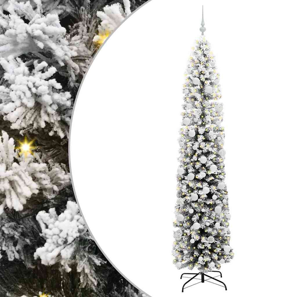 vidaXL 300 LED Pre-Lit White Baubles Green Artificial Snow Flocked Christmas Tree 7ft Image 2