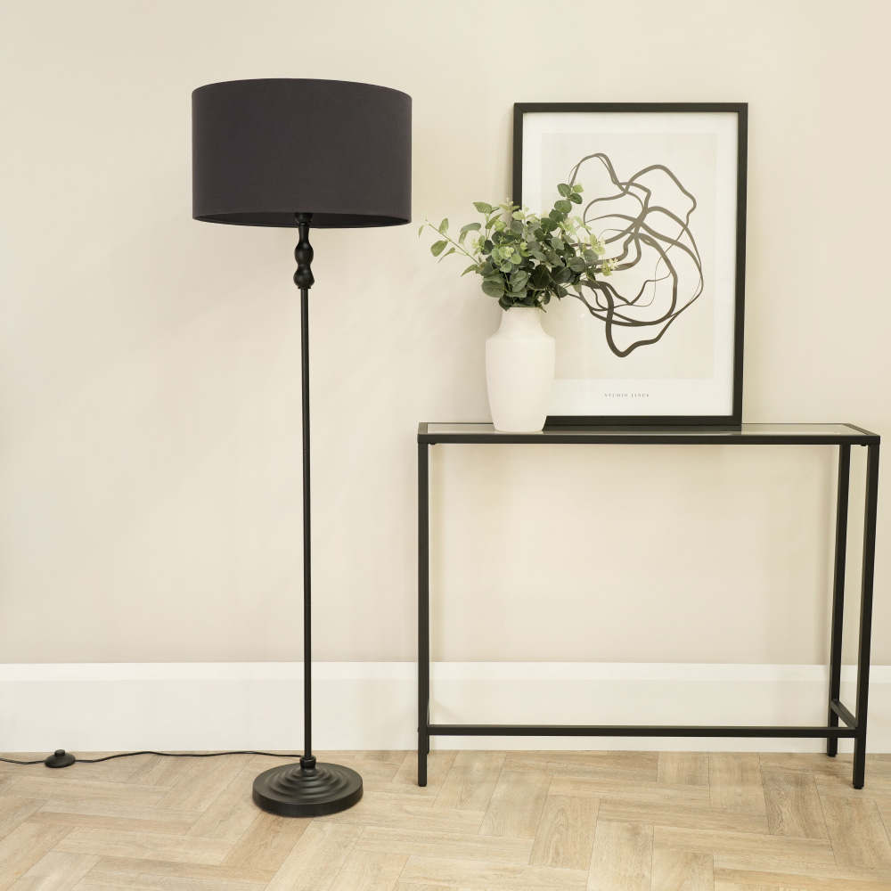 ValueLights Maggie Charcoal Fabric Shade Black Metal Candlestick Floor Lamp Image 3